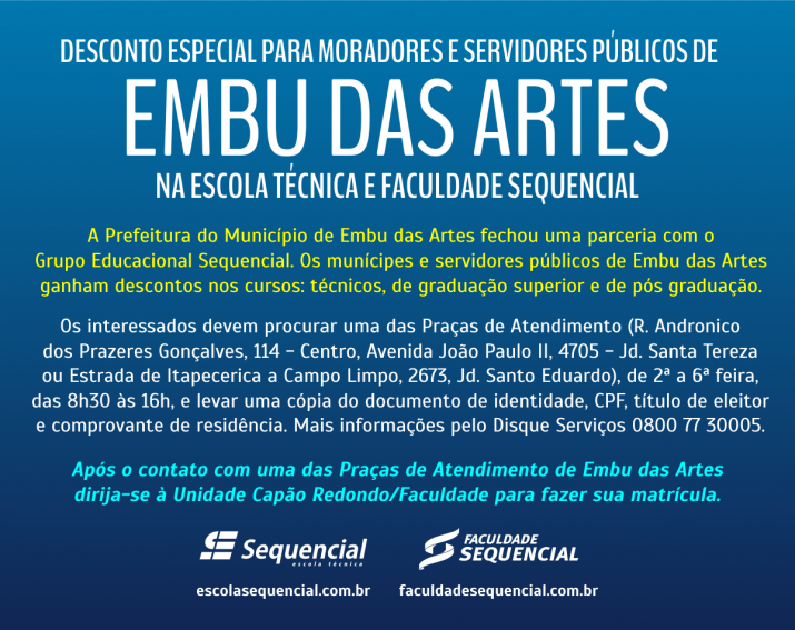 Desconto para munícipes e servidores públicos de Embu das Artes